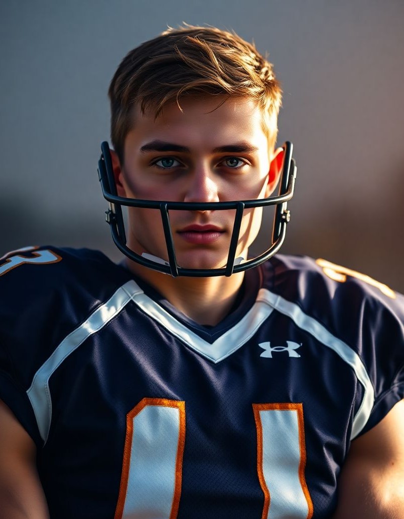 Close-up football senior portrait emphasizing jersey number and personal identity.