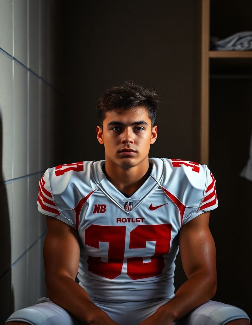 Moody locker-room football senior portrait with focused game-day vibe.