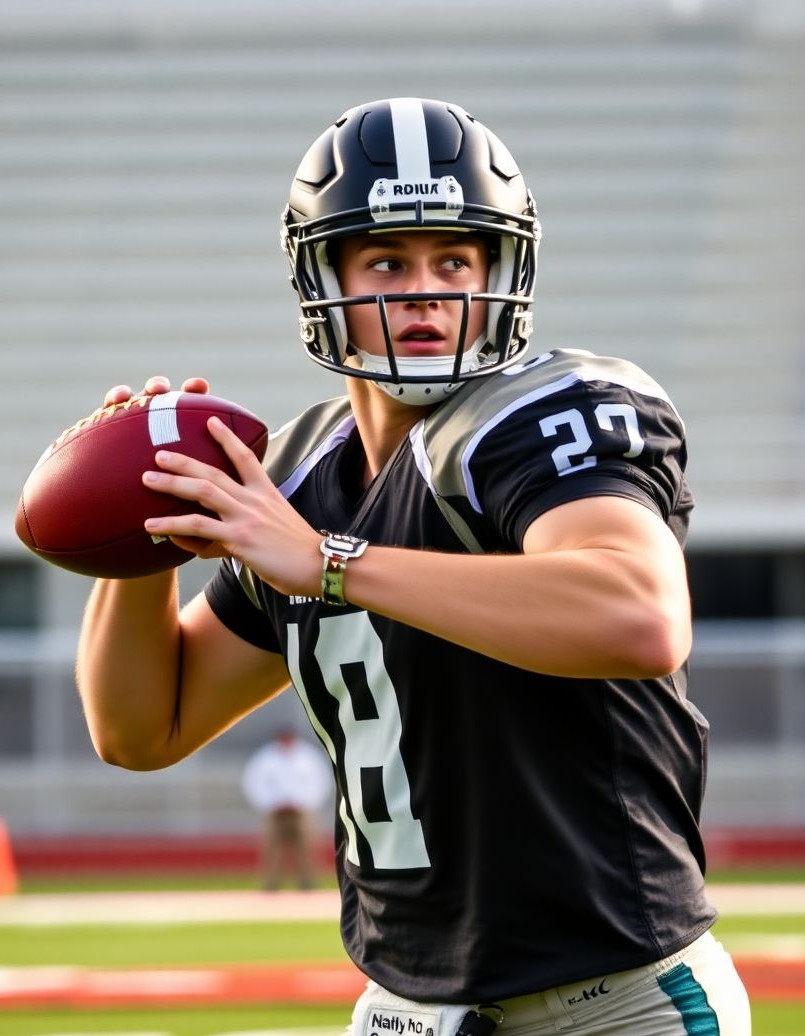 Action-style senior portrait showing a quarterback mid-throw with crisp motion.