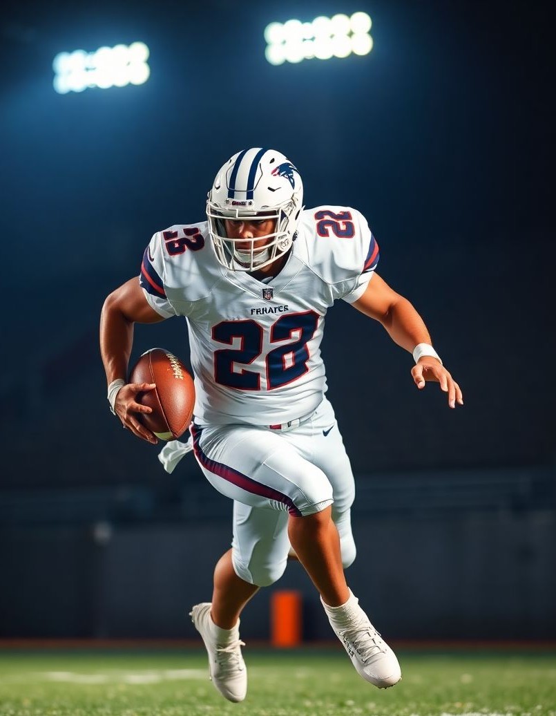 Dynamic football senior image with a running-back cut move and intensity.