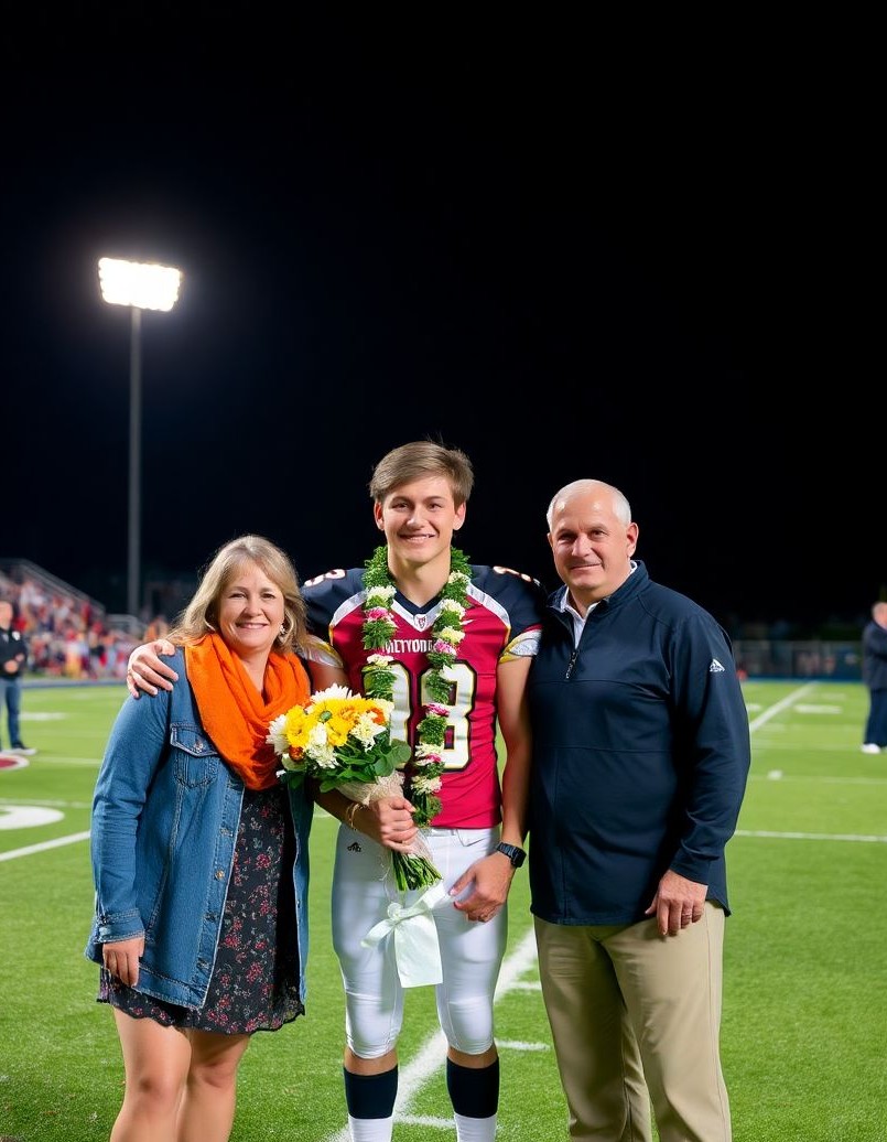 Emotional senior-night football portrait moment with family support on the field.