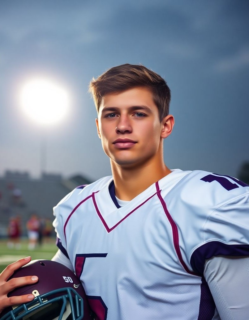 Signature football senior portrait at midfield with cinematic stadium lights.