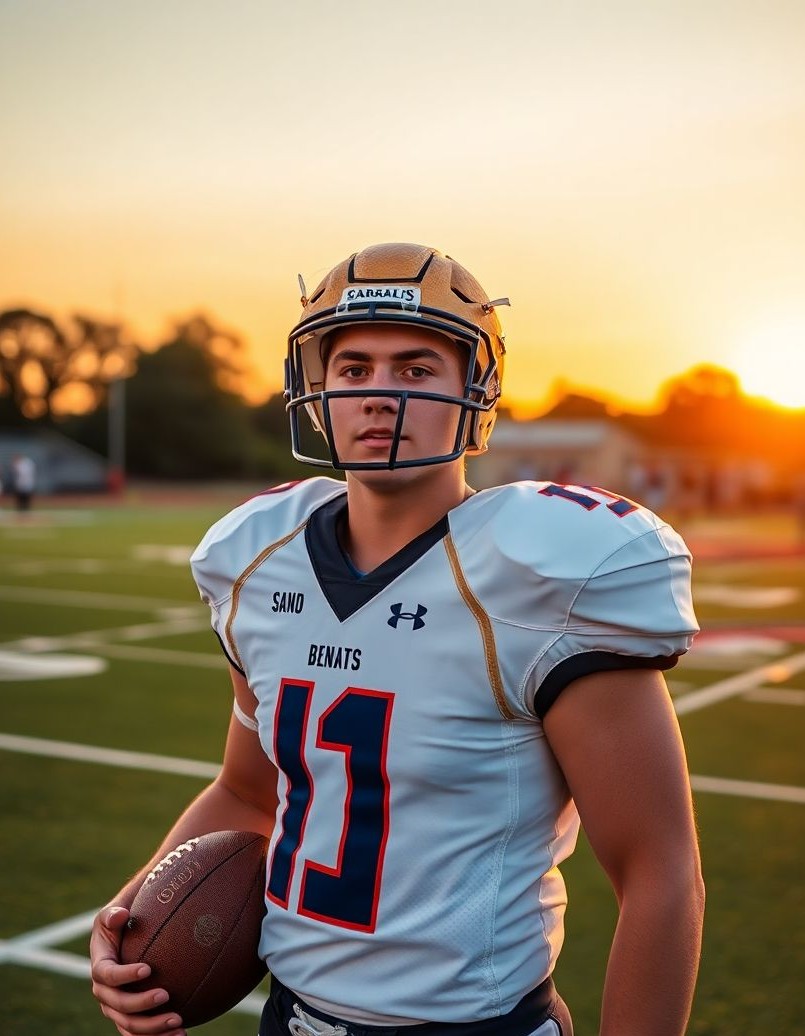 Golden-hour football senior photo with warm light and open field atmosphere.