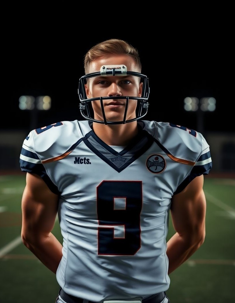 Leadership-focused football senior captain portrait with polished sports styling.