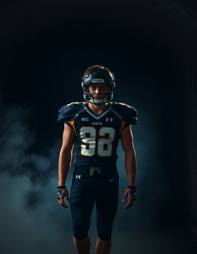 Cinematic football senior portrait in team tunnel with smoke and lights.