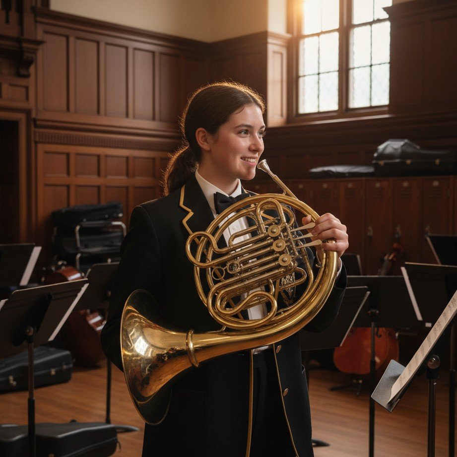 楽器と音楽室の雰囲気を持つ学校バンドのメンバーのための音楽的肖像。
